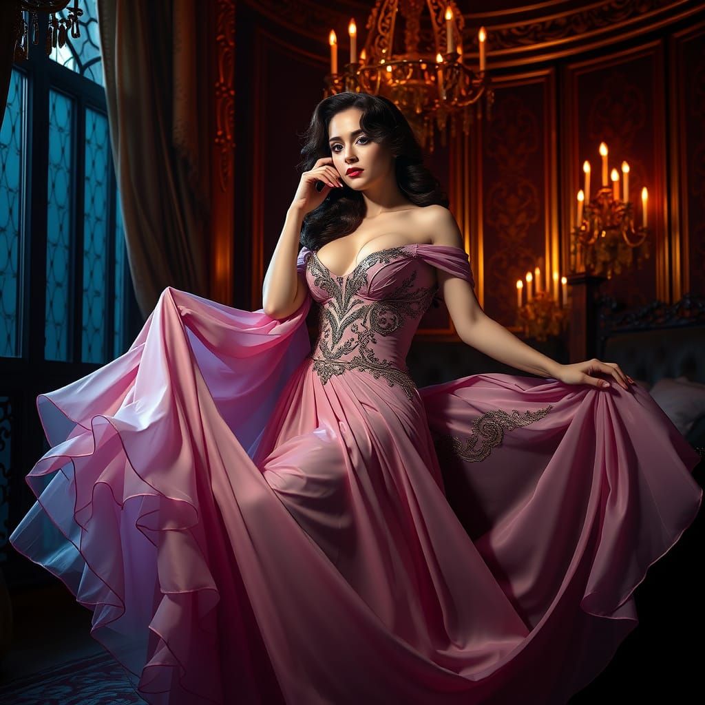 Elegant Woman in Flowing Gown, Art Nouveau Style