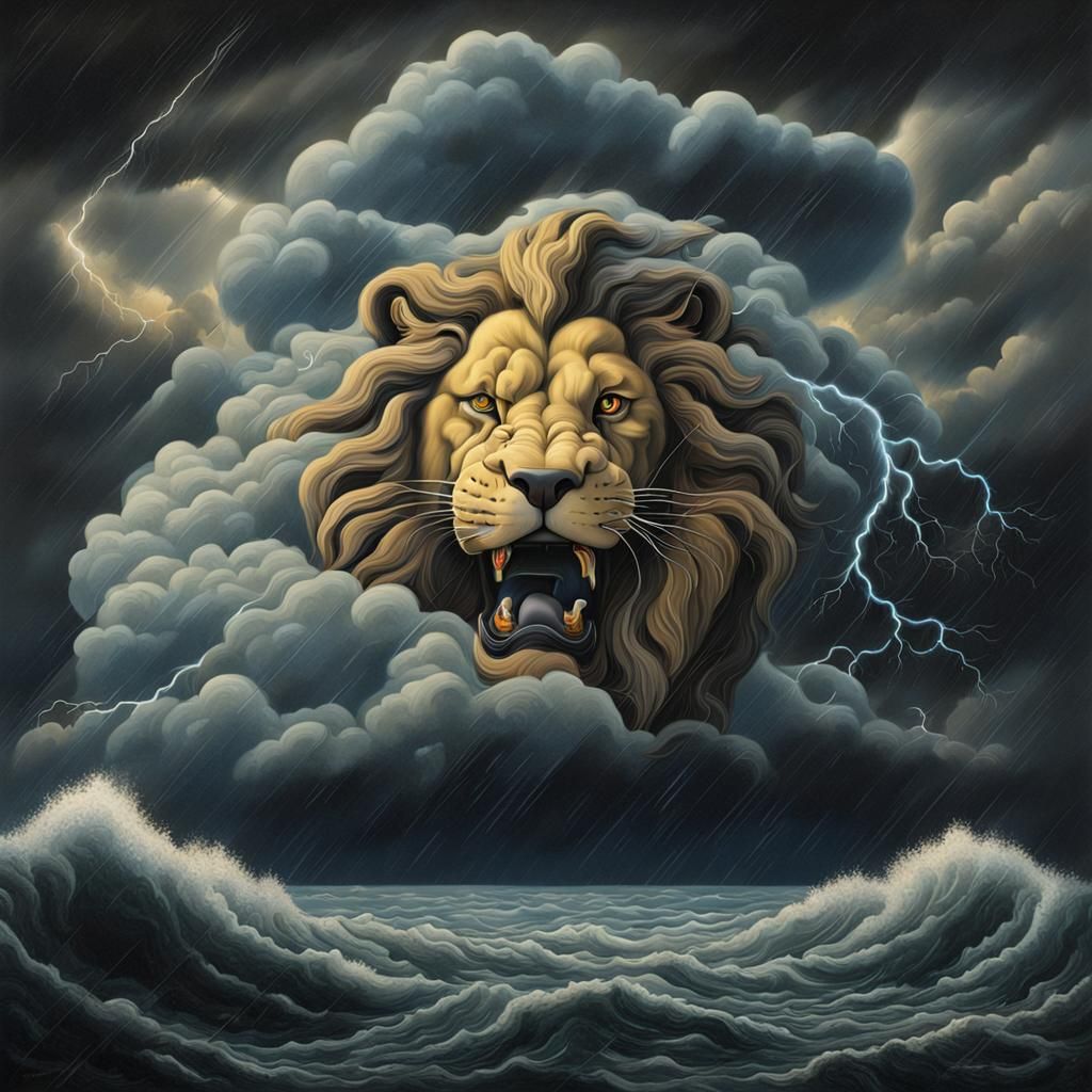 Lion Storm Cloud with Lightning, Surreal Oil Painting