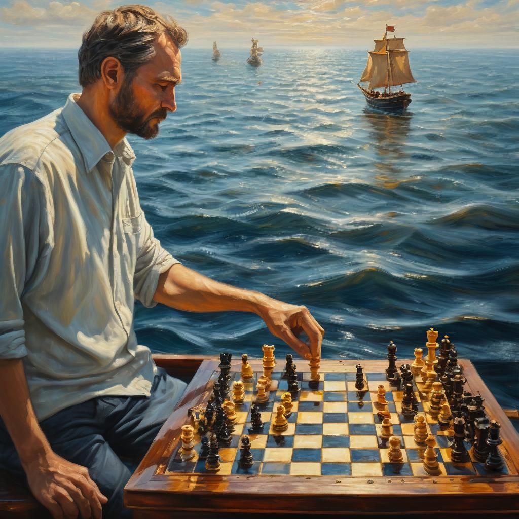 Chess Game on the Open Sea: Impressionist Oil Painting