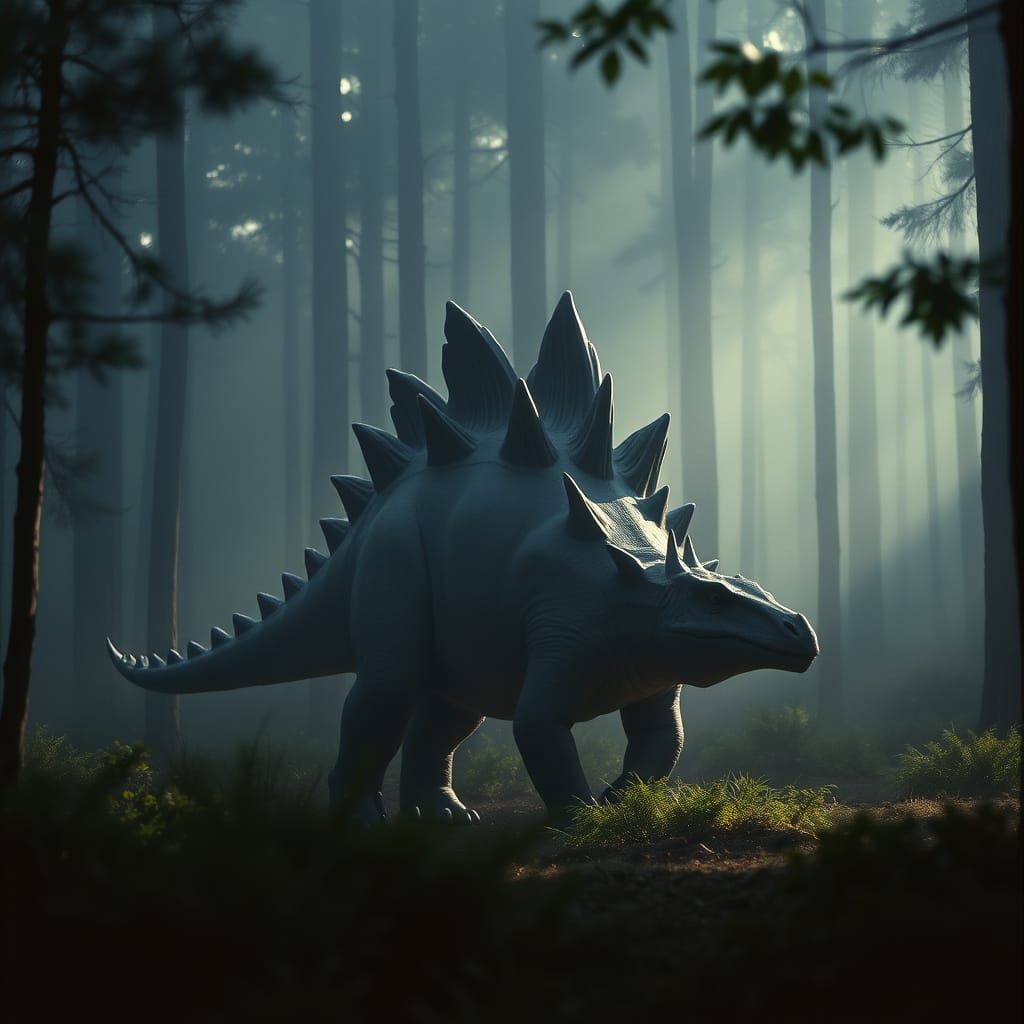 Stegosaurus in Misty Forest: Cinematic 35mm Film