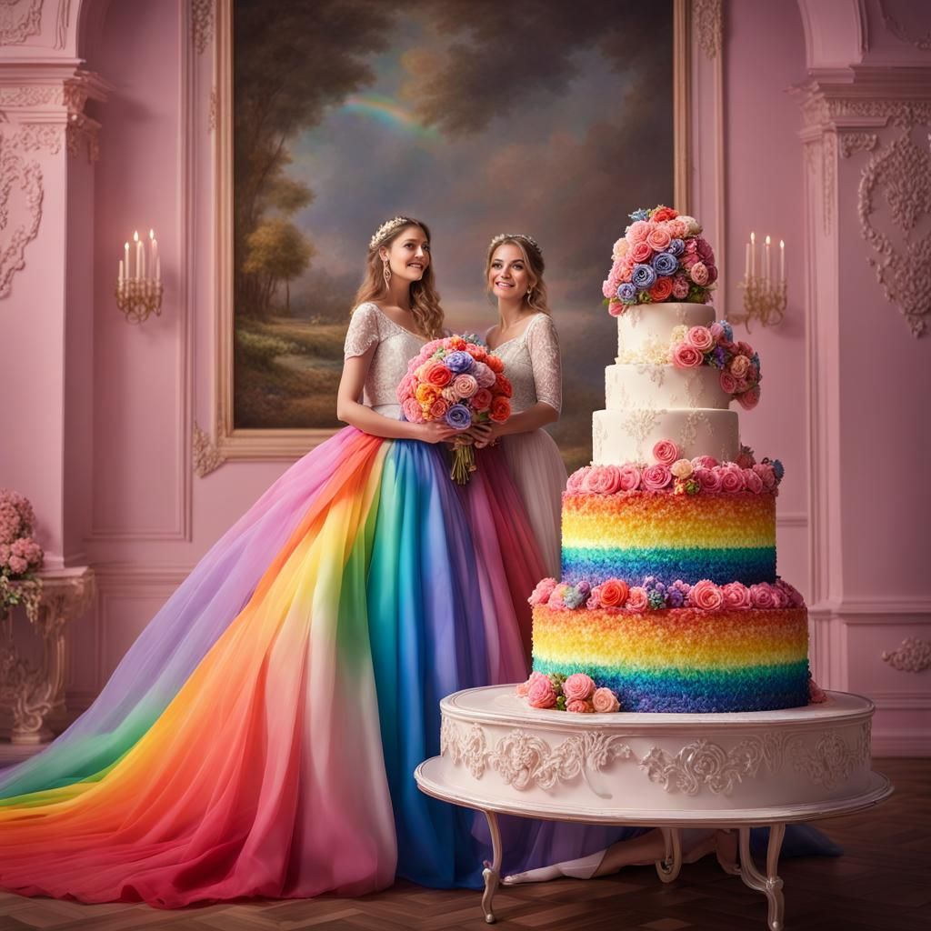 Lesbian Wedding with Rainbow Dresses and Flowers