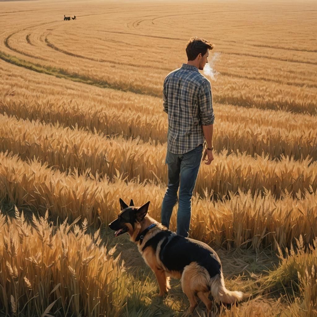 Man and Dog in Field, Smoking Cigarette