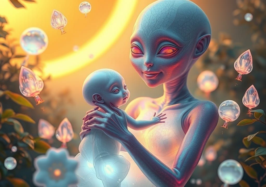 Ethereal Alien Mother and Child in Dreamlike Landscape