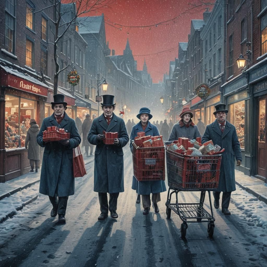 Eerie Christmas Shoppers in Dark Stipple Art Style