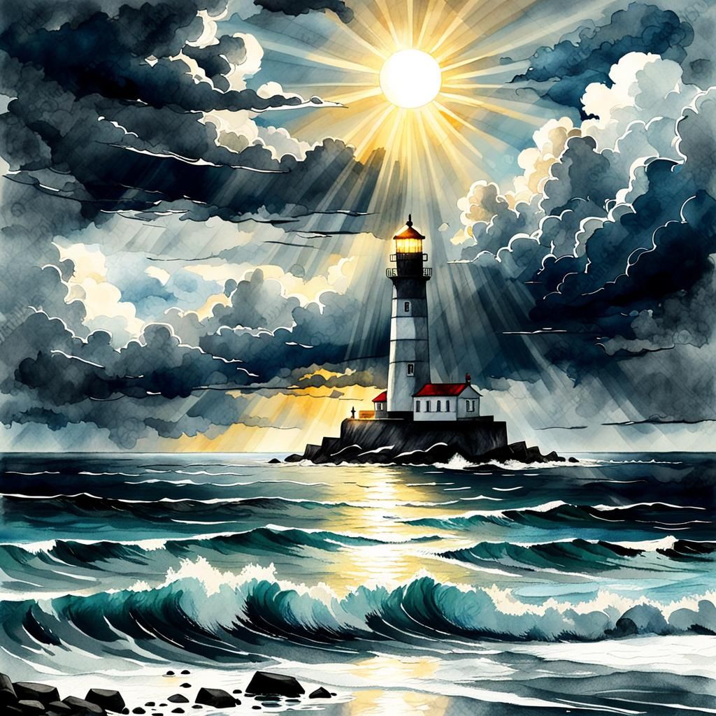 Dramatic Seascape with Lighthouse in Watercolor Style