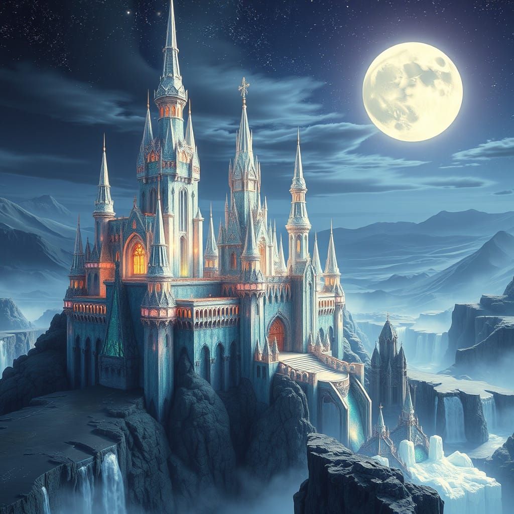 Ethereal Fractal Castle in Midnight Fantasy Landscape