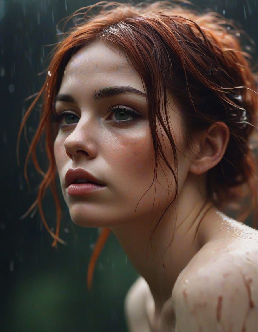 Cinematic Portrait of a Redheaded Naturist Woman in the Rain