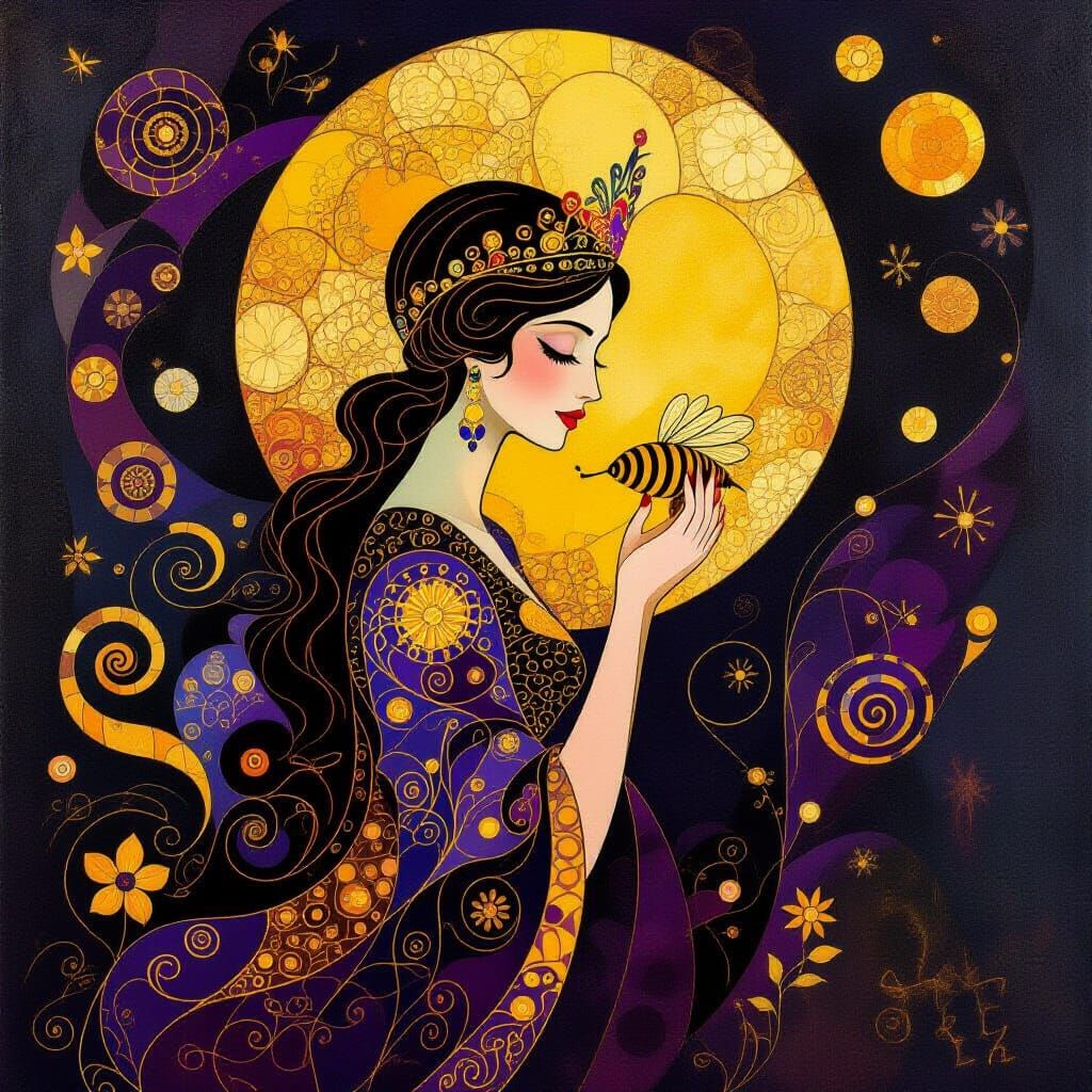 Abstract Queen Bee in Violet and Yellow with Golden Highligh...