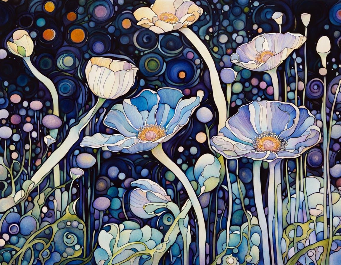 Abstract Anemone Flowers in Ink and Watercolor