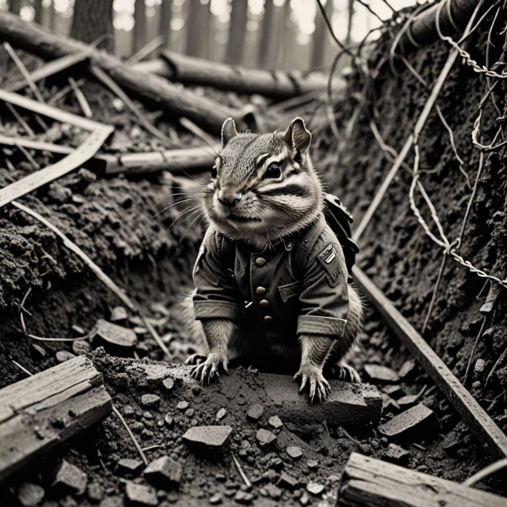 WWI Era Chipmunk Soldier Crawls Through Mud and Debris
