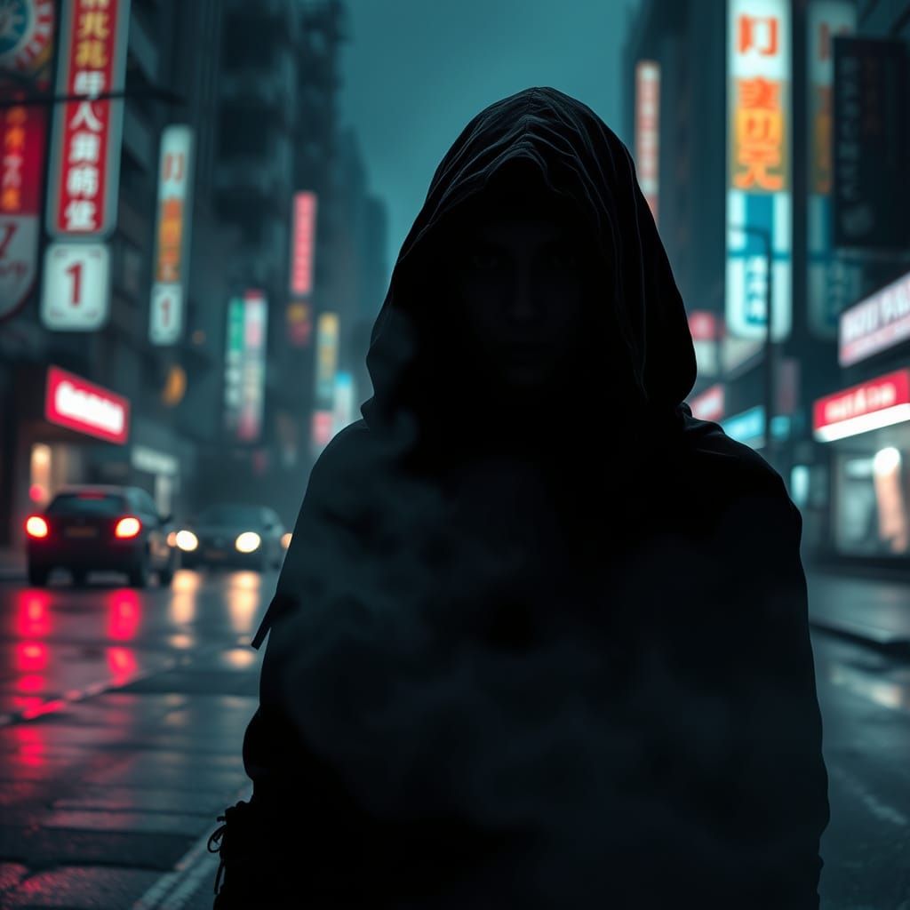 Gothic Figure in Dystopian Cityscape