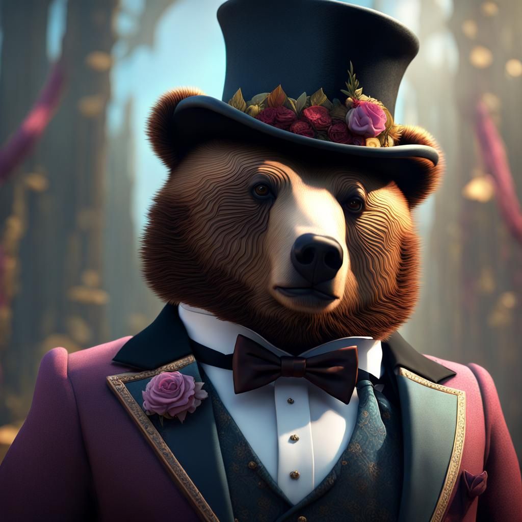 a bear wearing a tux and top hat detailed matte painting, deep color, fantastical, intricate detail, splash screen, comp...
