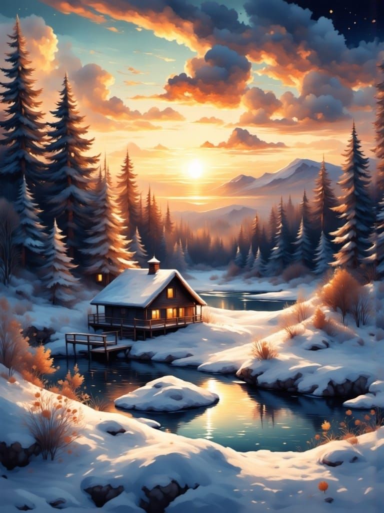 Magical Winter Sunrise Over Cozy Cabin