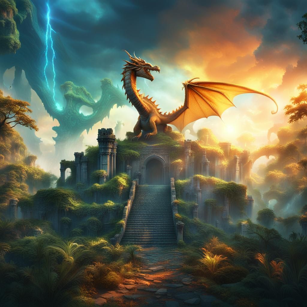 Dragon Soaring Through Mystical Ruins: Digital Matte Paintin...