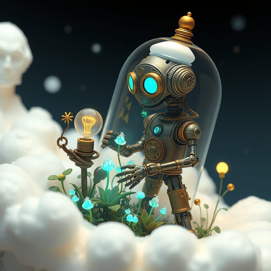 Steampunk Automaton in Bioluminescent Cloud Garden