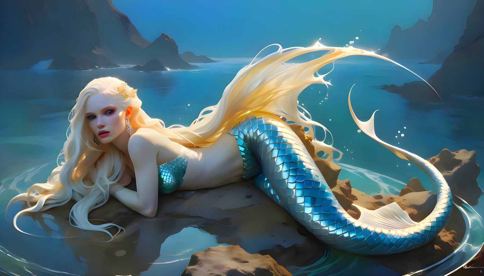 Albino Mermaid Sunbathing: Ethereal Beauty Portrait