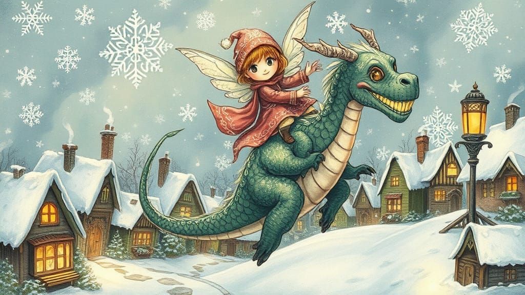 Fantastical Winter Wonderland Scene with Fairy and Dragon