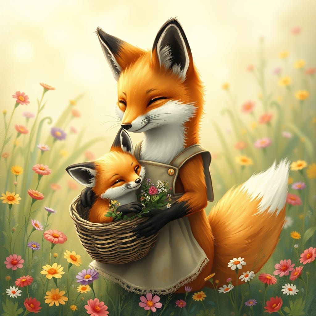 Whimsical Fox Family in a Sun-Kissed Meadow