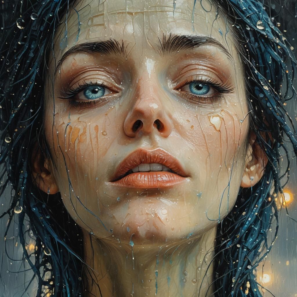 Dystopian Girl in Rain: Surreal Oil Painting