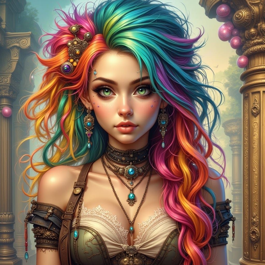Steampunk Angel with Rainbow Hair in Ancient Ruins