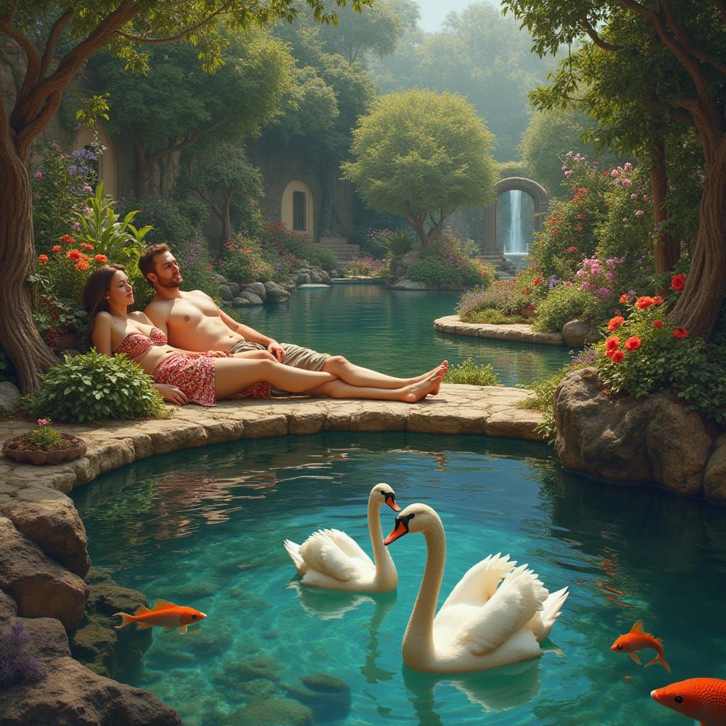 Surreal Garden Scene with Mythical Creatures