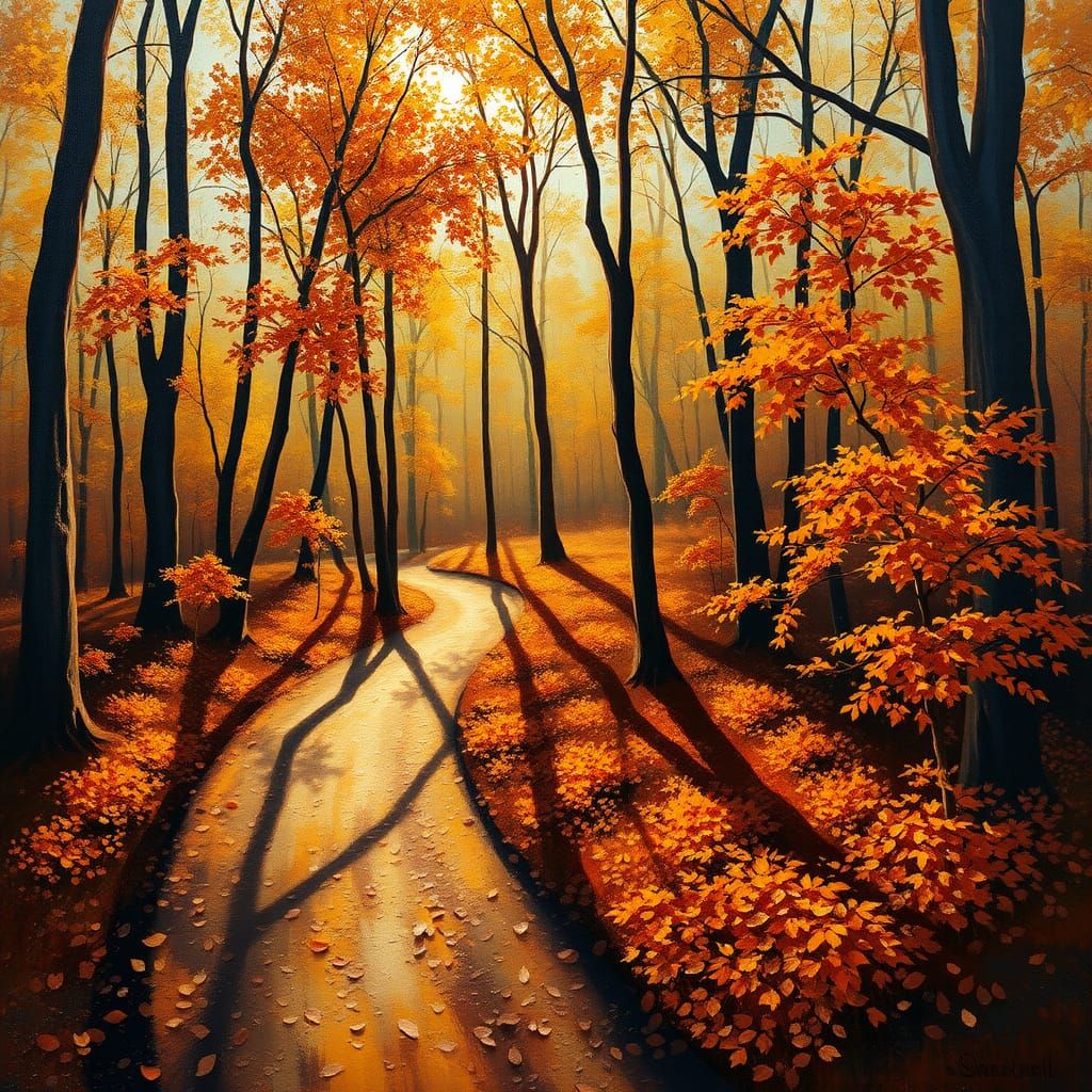Autumnal Forest in Golden Light: Impasto Oil Painting