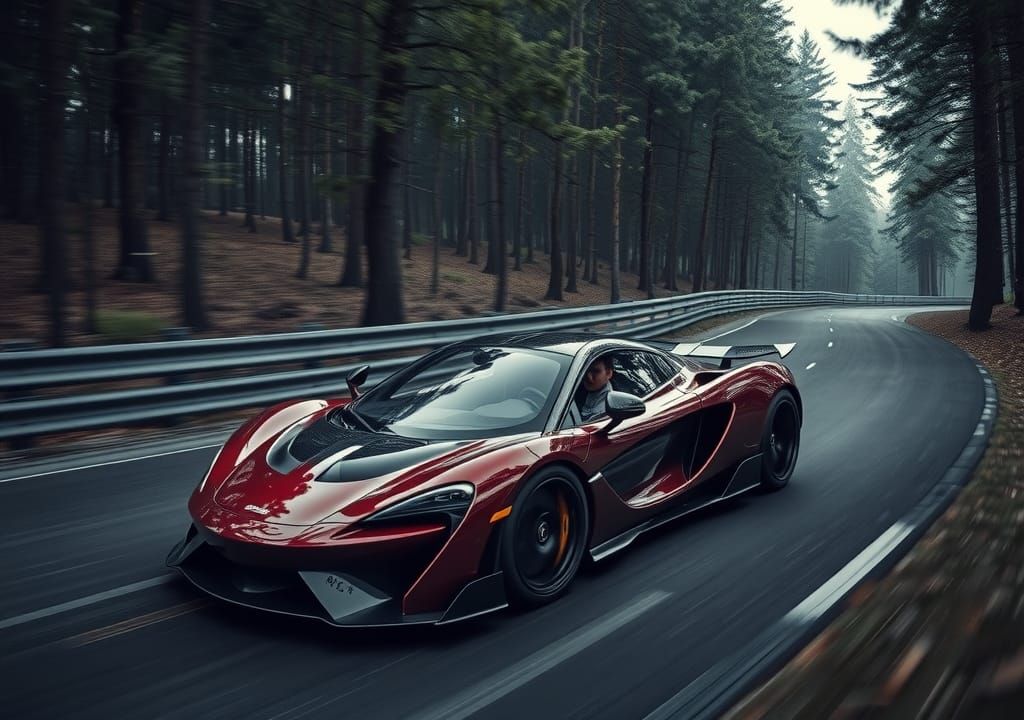 Burgundy McLaren Supercar Races Through Forest