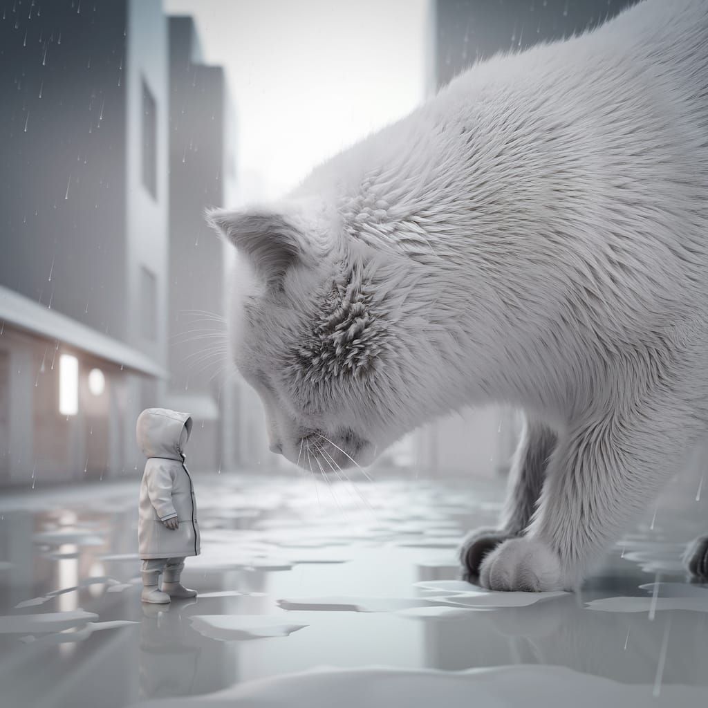 Child Faces Giant Fluffy Cat in White City