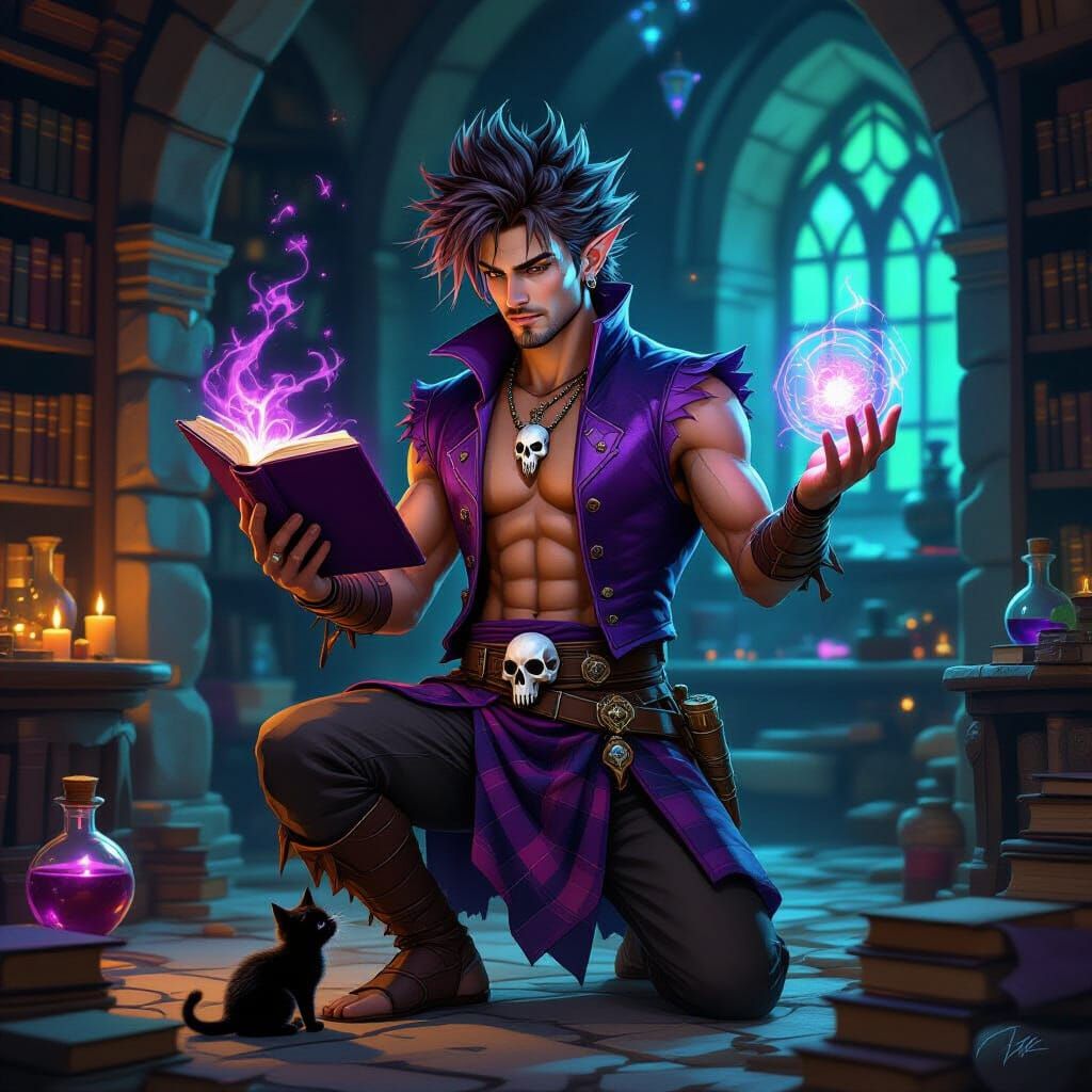 Sorcerer Casting Spell with Kitten in Dark Fantasy Art