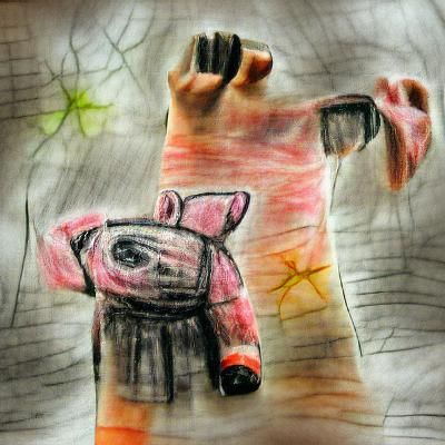 Pig with Broken Arm: Whimsical Charcoal Drawing