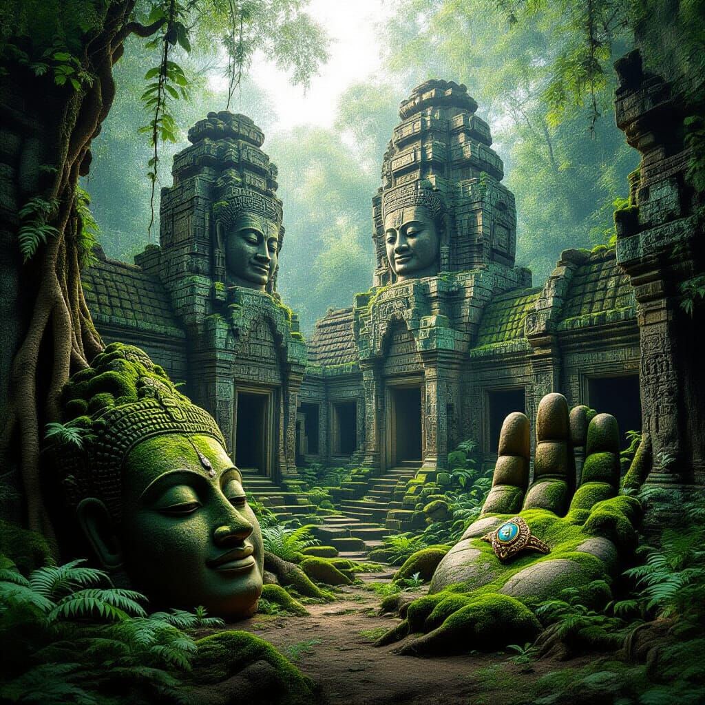 Jungle Temple Overgrown with Emerald Lianas