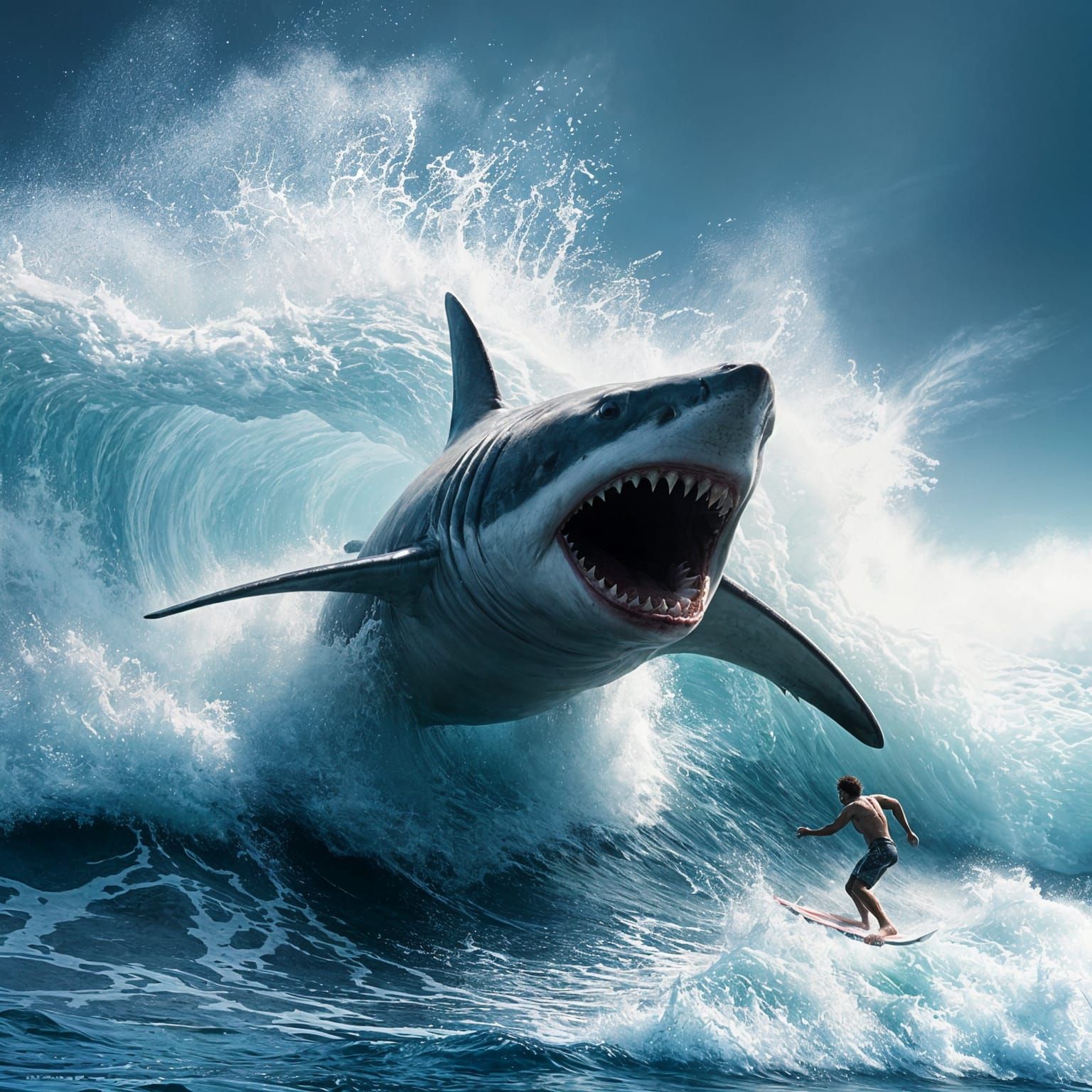 Epic Shark Attack in Cinematic Digital Painting