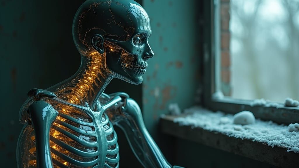 Glass Humanoid with Visible Skeleton and Nervous System