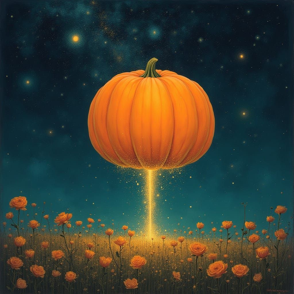 Cosmic Pumpkin Floats Above Ethereal Flowers