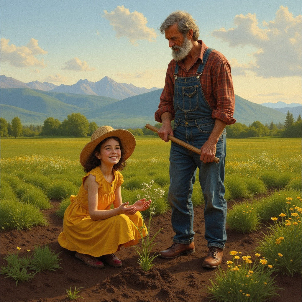 Rural Farm Scene with Father and Daughter