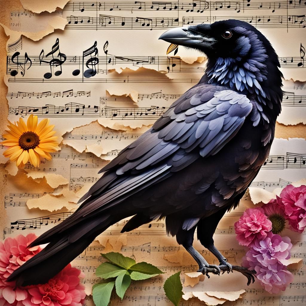Layered Raven Collage with Topography and Floral Elements