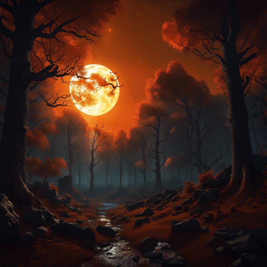 Orange Sky Forest at Night in Dark Fantasy Style