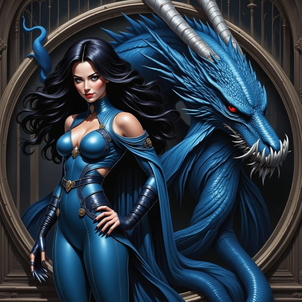 Dark Academia Woman and Dragon in Retrofuturist Comic Style