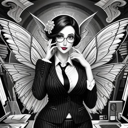 Voluptuous Fairy in Business Suit: Ink Line Art