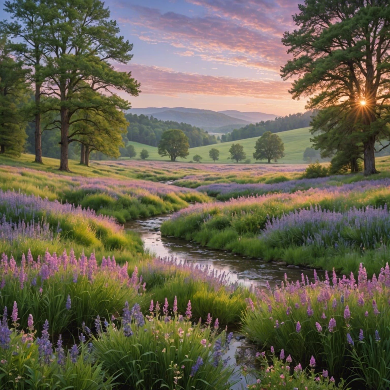 Peaceful Dawn Meadow with Pink Clouds