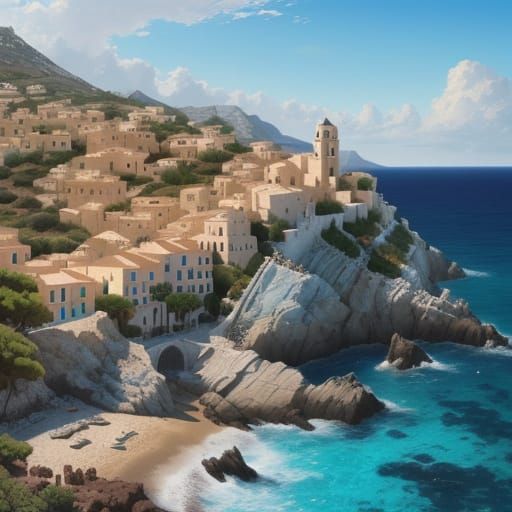 Mediterranean Coastal Village with Turquoise Sea