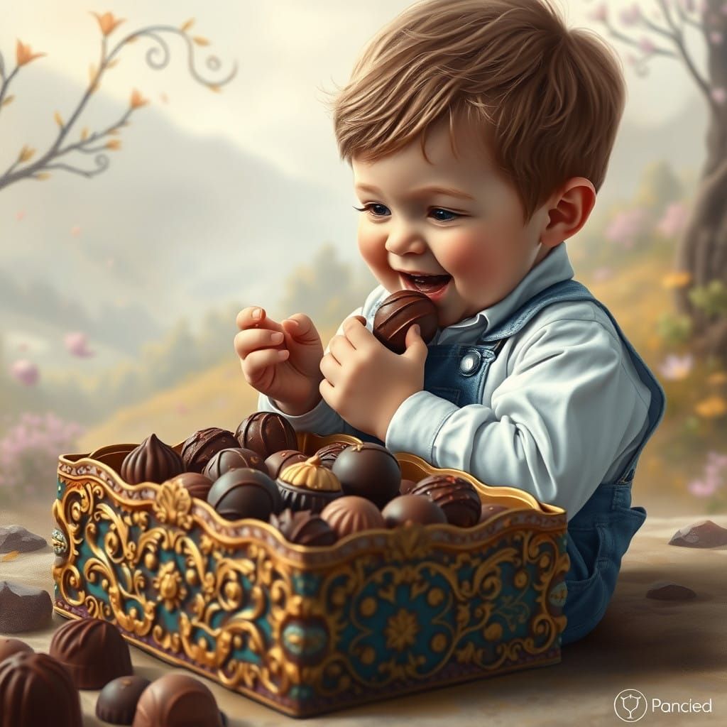 Whimsical Boy Savoring Rich Chocolates in an Enchanting Scen...
