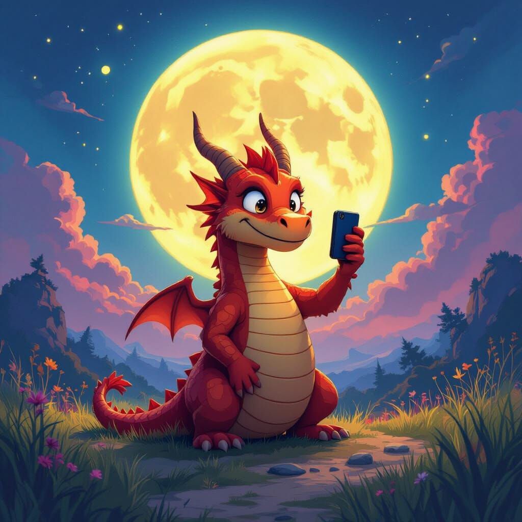 Dragon Selfie Under Moon in Whimsical Art Style