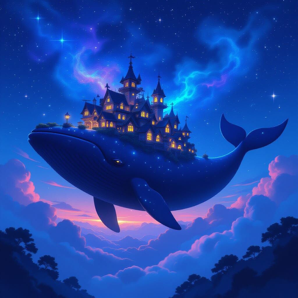 Whimsical Flying Village on Whale Through Starry Sky