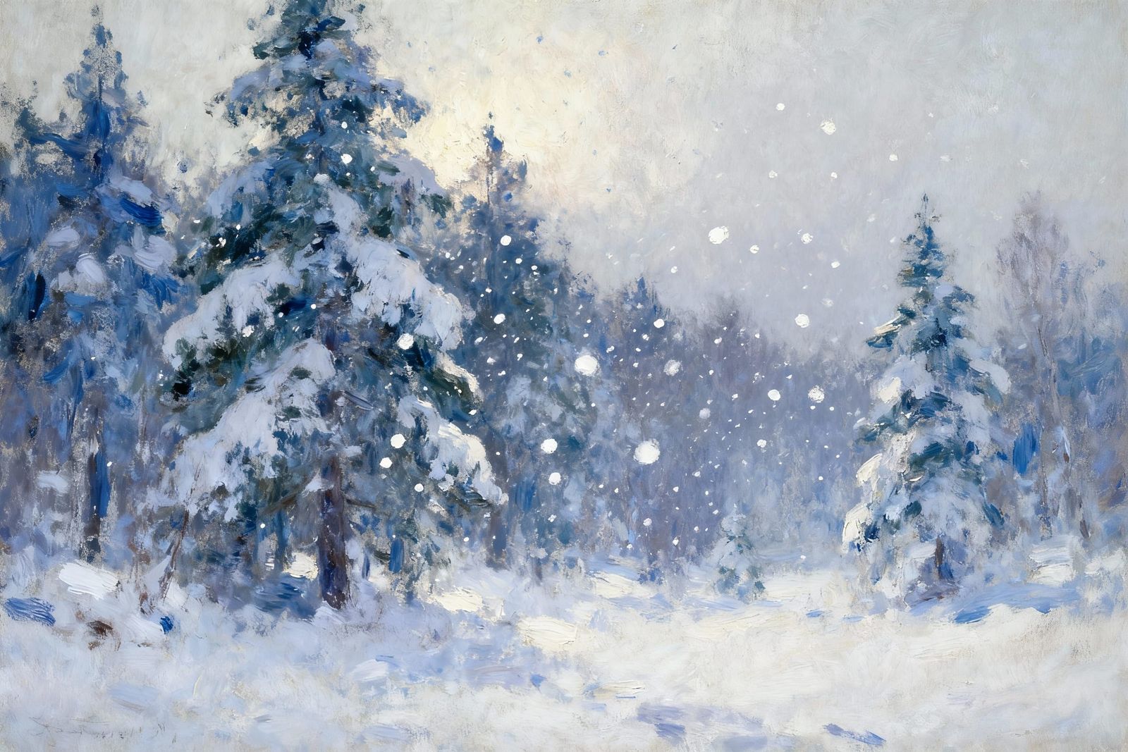 Impressionist Snowfall in a Serene Forest Landscape