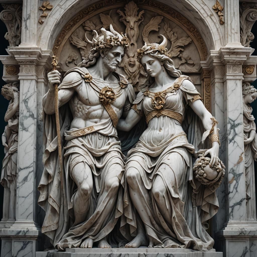Marble Statues of Hades and Persephone in Love
