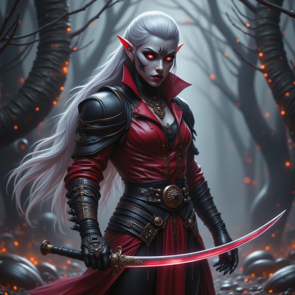Muscular Drow Elf Rogue in Red Leather with Pink Eyes