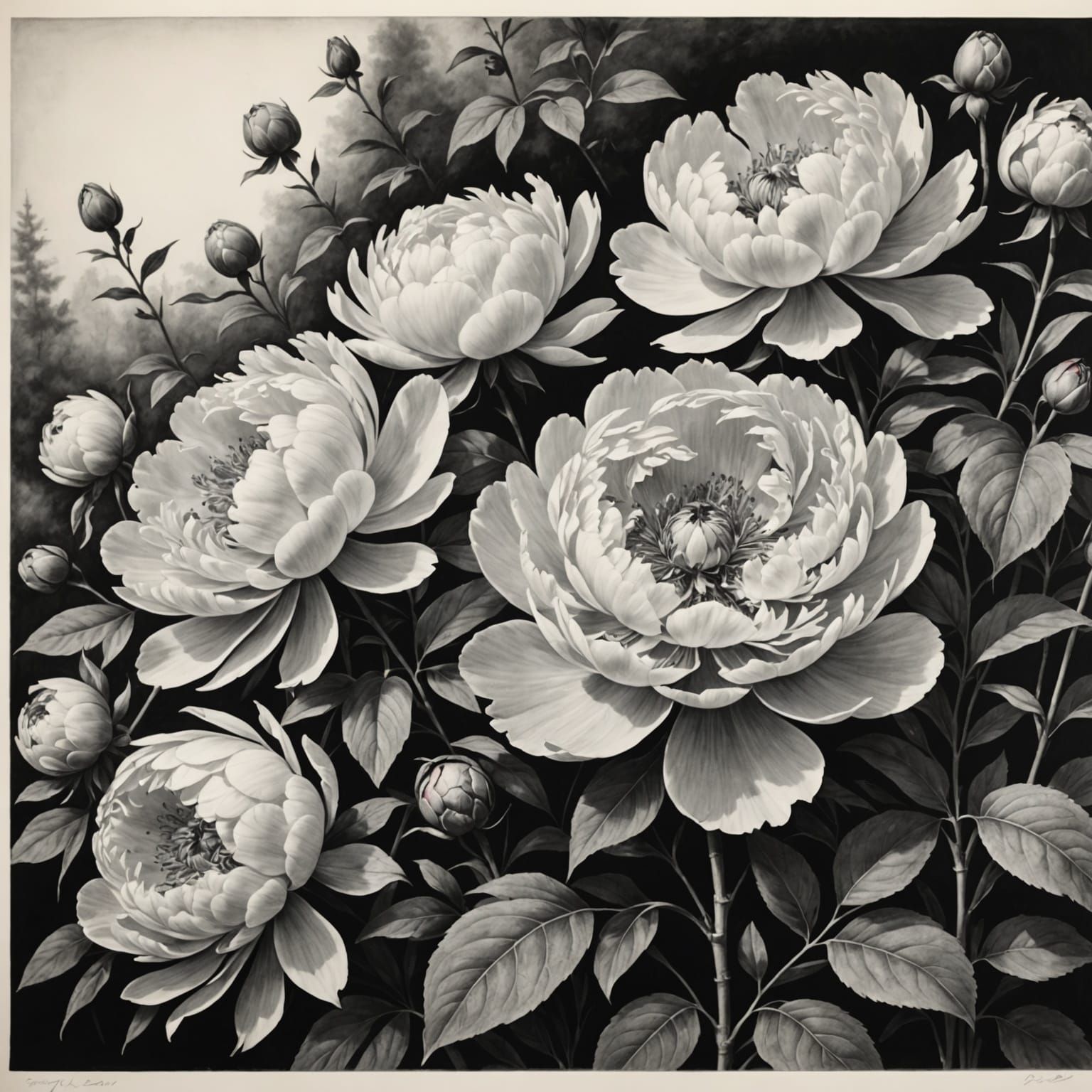 Peony Garden Sketch Drawn with Pencil Tip
