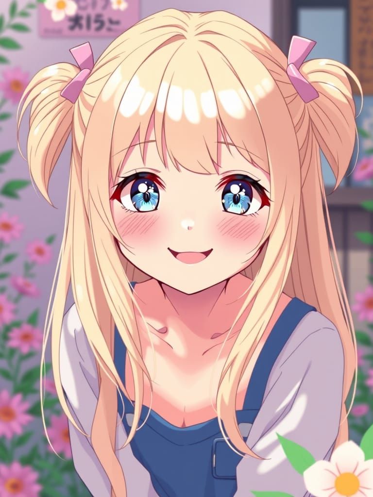 Blonde Girl with Twin Tails in Murakami-Inspired Style