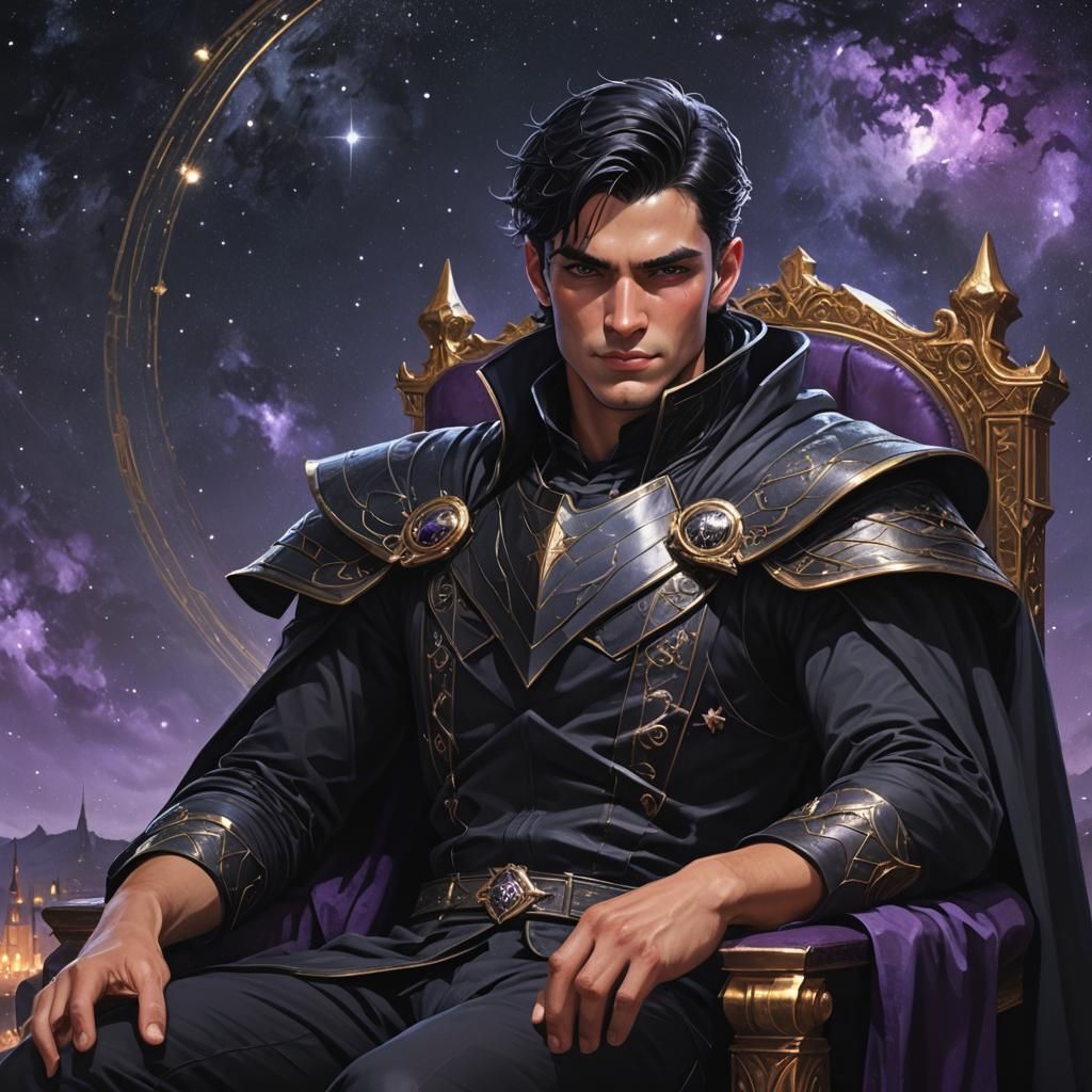 Mischievous Man on Throne with Starry Night Sky